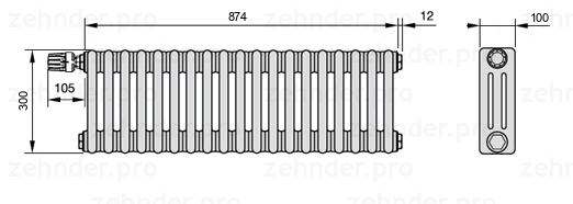 Схема (чертеж) Радиатор Zehnder Charleston 3030/19 №V012 Белый глянцевый RAL 9016